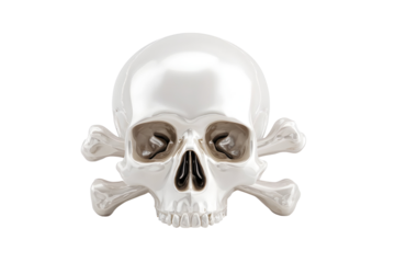 Shiny silver skull and crossbones symbol on black background
