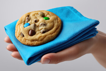 Freshly baked cookie on a blue napkin held by a hand