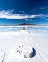 Vast white salt flat under brilliant blue sky, with unique salt formations and distant majestic mountains, embodying serene, untouched natural high-altitude beauty
