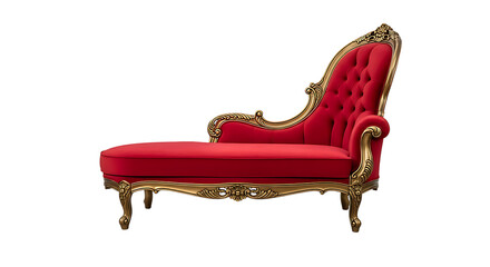 Luxurious antique style chaise lounge upholstered in vibrant red velvet with ornate gold framing stands against a dark background