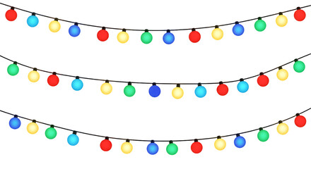 Multiple strings of brightly colored globe lights illuminate a dark background