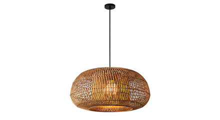 Illuminated woven natural fiber pendant light fixture hangs against a stark black background