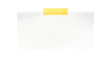 Blank torn piece of dot grid paper held by a strip of yellow adhesive tape against a dark background