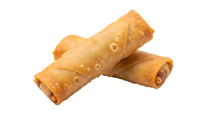 Two golden brown crispy fried rolls are stacked diagonally against a solid black background
