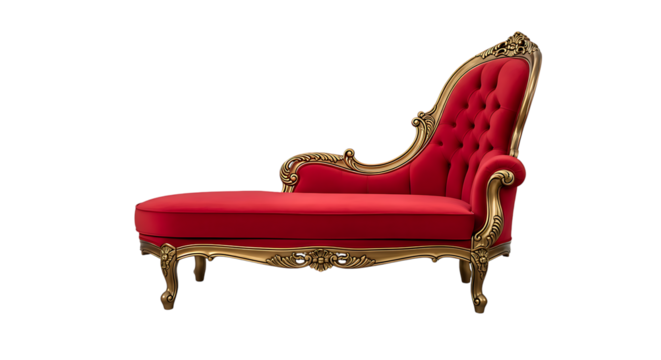 Luxurious antique style chaise lounge upholstered in vibrant red velvet with ornate gold framing stands against a dark background