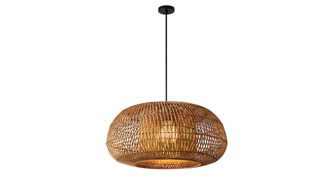 Illuminated woven natural fiber pendant light fixture hangs against a stark black background - Powered by Adobe