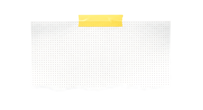Blank torn piece of dot grid paper held by a strip of yellow adhesive tape against a dark background