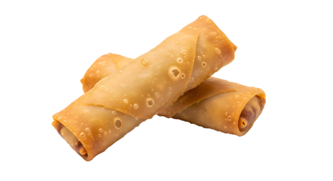 Two golden brown crispy fried rolls are stacked diagonally against a solid black background