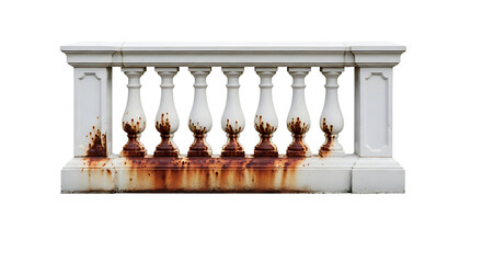 Section of white concrete balustrade displays significant corrosion staining on its lower elements