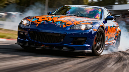Obraz premium Drifting sports car demonstrating skillful maneuvering at a racing event on a sunny day