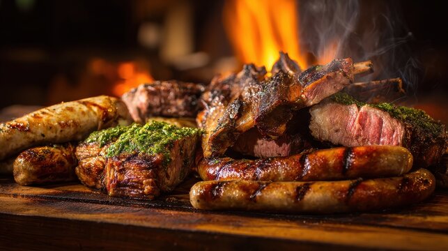 Argentinian asado rustic wooden table, grilled beef ribs, chorizo sausages, chimichurri sauce, wood-fire marks, traditional parrilla barbecue, menu commercial use