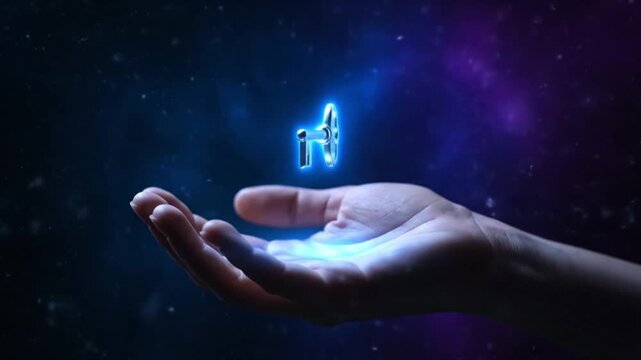 An ethereal blue key levitates above an outstretched hand against a starry, cosmic backdrop.