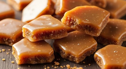 Golden Bites. Caramel with a Crunch. Square caramel candies with glossy tops and crumbly bases, scattered on a dark surface for a rich, artisanal vibe.