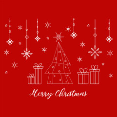Minimalistic Christmas tree and gift boxes line art on red background with Merry Christmas text. Elegant holiday greeting card illustration.
