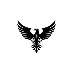 Naklejka premium Majestic black eagle or phoenix silhouette with powerful wings spread in flight. Emblem of strength, freedom, and triumph.