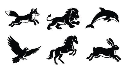 Naklejka premium Set of running and jumping wild animals in dynamic poses: running fox, running lion, jumping dolphin, flying dove, rearing horse, and running rabbit