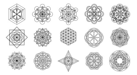 Collection of fifteen geometric designs with intricate line work in black and white style illustration
