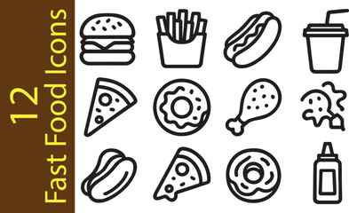 12 Fast Food Line and Outline Icons
