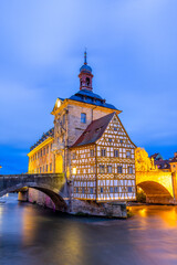 Bamberg, old Town hall building,  Architecture and travel in Europe. Flowing river in foreground.