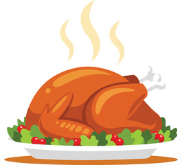 A delicious roasted turkey, garnished with lettuce and cranberries, steaming hot and ready to serve, isolated on white background