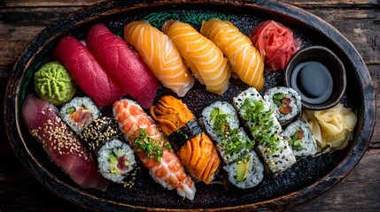 Gourmet sushi set with salmon, tuna, and caviar rolls.
Variety of sushi on wooden tray with soy sauce and wasabi