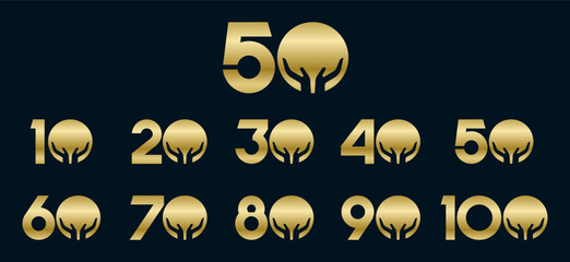 Set of collection numbers 10 to 100 with hand giving elements vector illustration. Caring hands element with numbers 10, 20, 30, 40, 50, 60, 70, 80, 90, 100 for greetings, anniversaries and more.