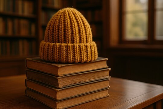 Cozy reading scene: A yellow knitted beanie rests atop a stack of aged hardcover books