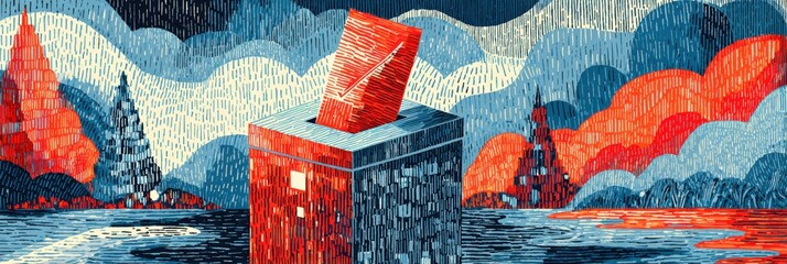 voting postcard design, elegant postcard template with ballot box and voting illustrations, clean democratic symbols, and spacious text space in civic color scheme