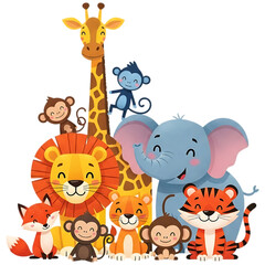 Naklejka premium Cartoon jungle animals group illustration with giraffe elephant lion tiger monkeys fox