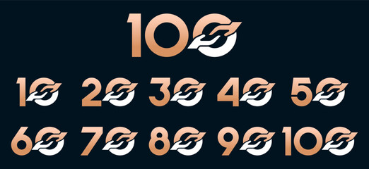 Set of collection numbers 10 to 100 with hand giving elements vector illustration. Caring hands element with numbers 10, 20, 30, 40, 50, 60, 70, 80, 90, 100 for greetings, anniversaries and more.