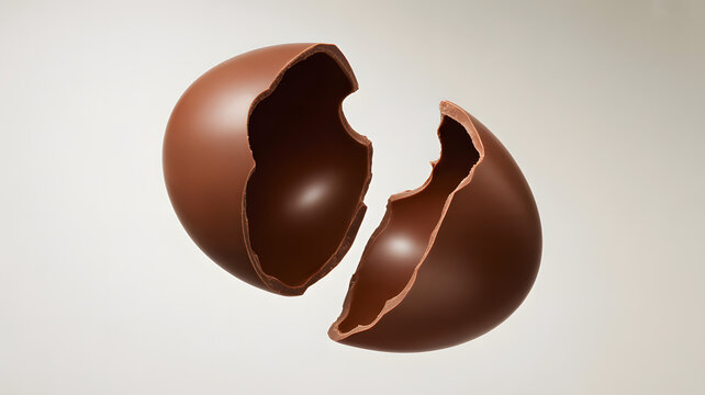 A broken chocolate easter egg revealing its hollow interior, isolated on a light background