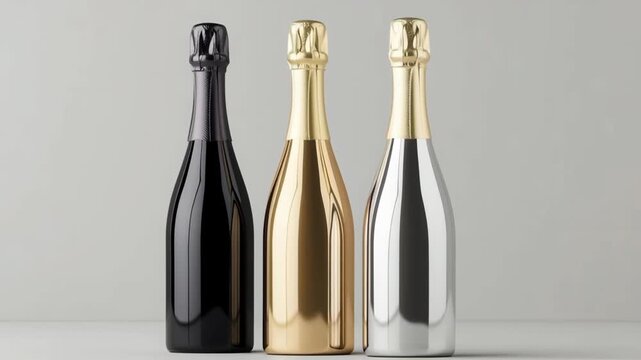 Champagne bottle gold silver black luxury packaging minimalist design modern style metal finish celebration elegant mood neutral background