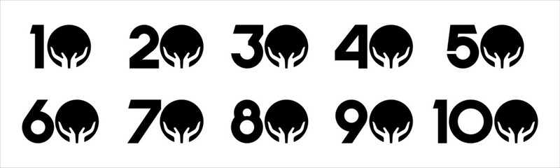 Set of collection numbers 10 to 100 with hand giving elements vector illustration. Caring hands element with numbers 10, 20, 30, 40, 50, 60, 70, 80, 90, 100 for greetings, anniversaries and more.