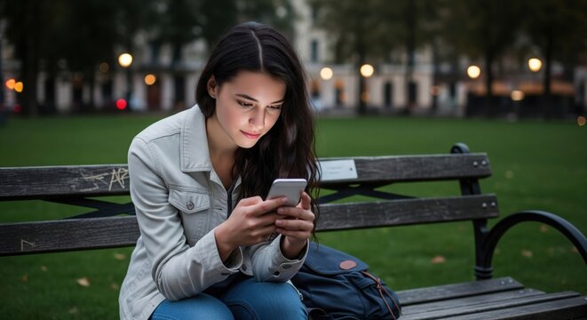A young woman of 18 years enjoying a sunny afternoon in a bustling city park, engrossed in her smartphone while seated on a wooden bench