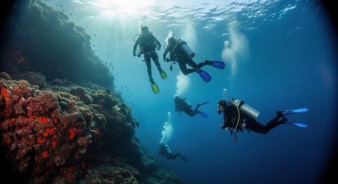 Cinematic underwater vista of scuba divers gracefully descending near a rugged cliff face