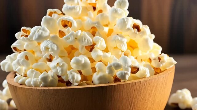 A delightful bowl of fluffy popcorn sits in a wooden bowl, perfect for snacking while relaxing or watching a movie