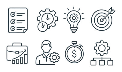 Business strategy icons including gear lightbulb stopwatch arrow target