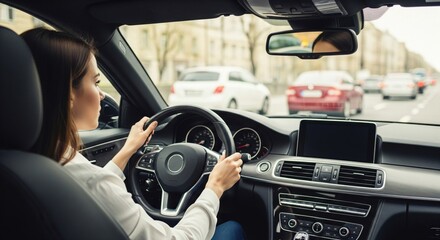 Confident woman driving car with hands on steering wheel in urban city street