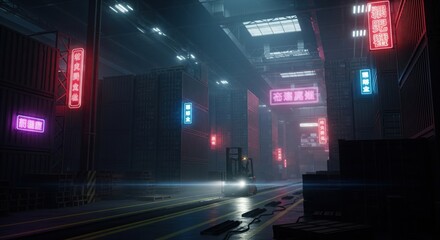 Workers operating autonomous forklifts in a large warehouse, cyberpunk inspired theme