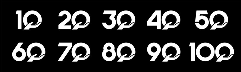 Set of collection numbers 10 to 100 with hand giving elements vector illustration. Caring hands element with numbers 10, 20, 30, 40, 50, 60, 70, 80, 90, 100 for greetings, anniversaries and more.