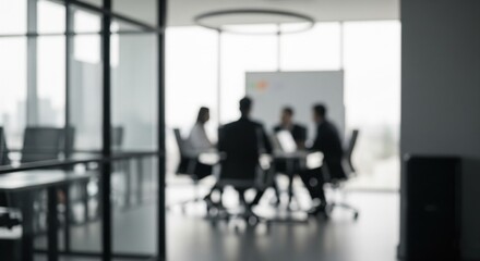 Fototapeta premium Blurred office workspace, interior workplace with cityscape for business presentation background