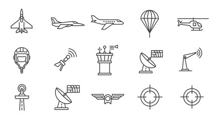 A collection of line art icons representing various aspects of aviation and air traffic control.