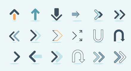 A collection of minimalist arrow icons in various directions and styles, featuring up, down, left, right, double, and curved arrows.