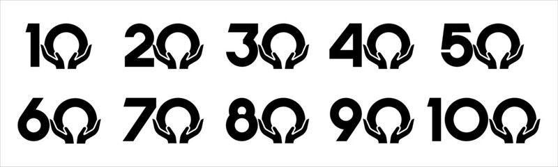Set of collection numbers 10 to 100 with hand giving elements vector illustration. Caring hands element with numbers 10, 20, 30, 40, 50, 60, 70, 80, 90, 100 for greetings, anniversaries and more.