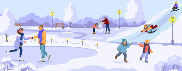 People ice skating, sledding, making snowmen, and throwing snowballs in a snowy park, flat cartoon style, winter outdoor fun. Vector illustration