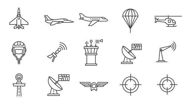 A collection of line art icons representing various aspects of aviation and air traffic control.