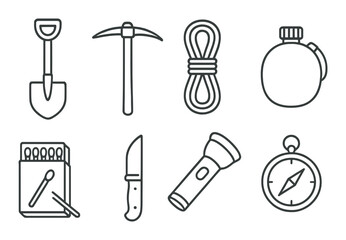 Obraz premium Camping equipment icons: shovel, pickaxe, rope, canteen, matches, knife, flashlight, compass