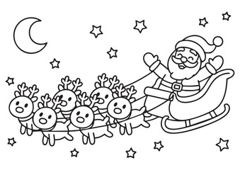 Christmas coloring page with Santa Claus and reindeer in sleigh.
