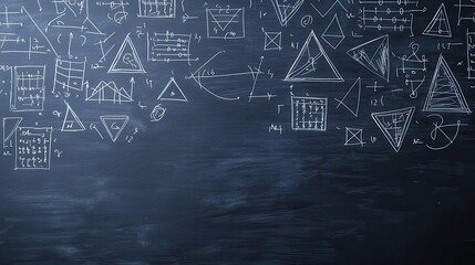 A blackboard filled with mathematical symbols, geometric shapes, and equations, showcasing complex mathematical concepts and theories.