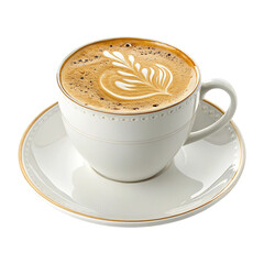 Elegant Latte with Leaf Art in White Ceramic Cup on Minimal Background